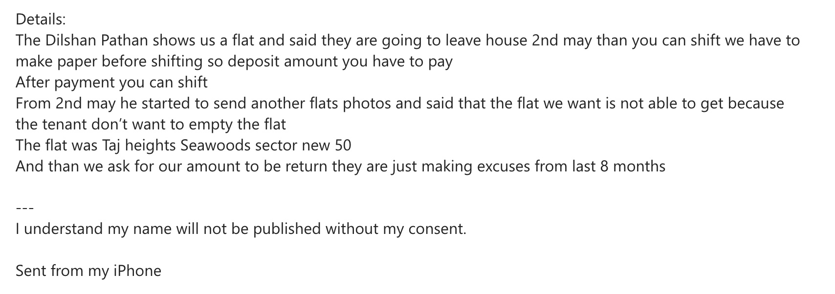 Redacted customer email reporting Dilshan Pathan showed a Seawoods flat then eight months of excuses