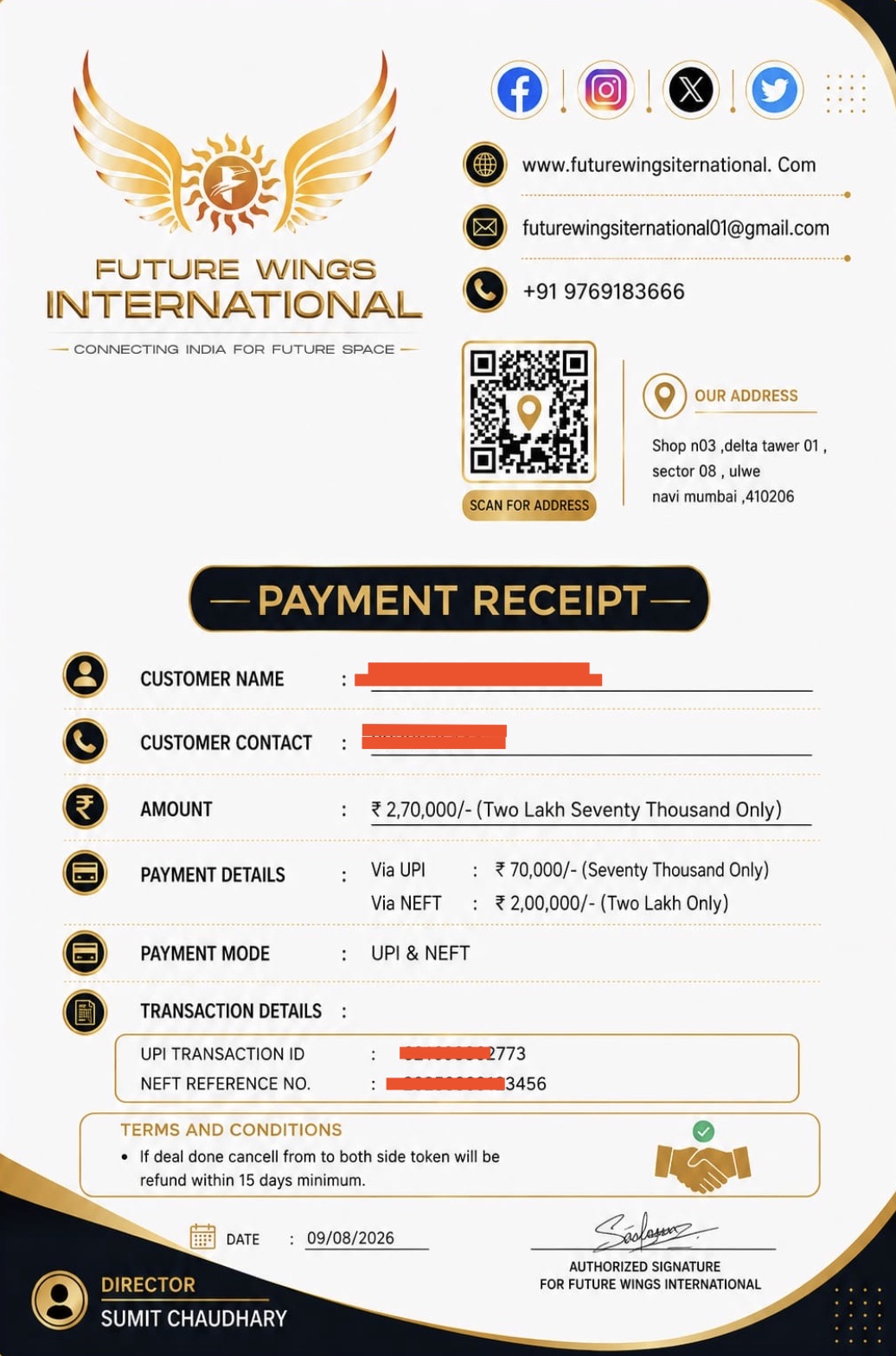 Future Wing's International payment receipt dated 9 August 2026 for 2 lakh 70 thousand rupees, signed for Sumit Chaudhary