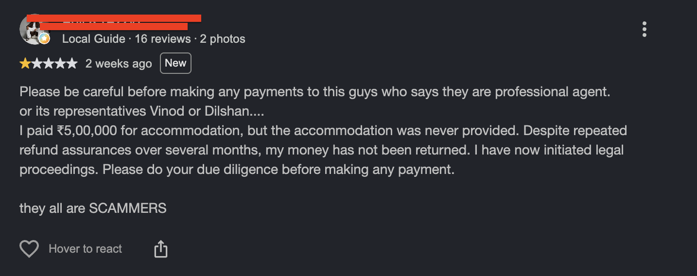 Redacted Google review on Ironic Dwelling Pvt Ltd warning about agents Vinod or Dilshan and a 5 lakh rupee payment that was not refunded