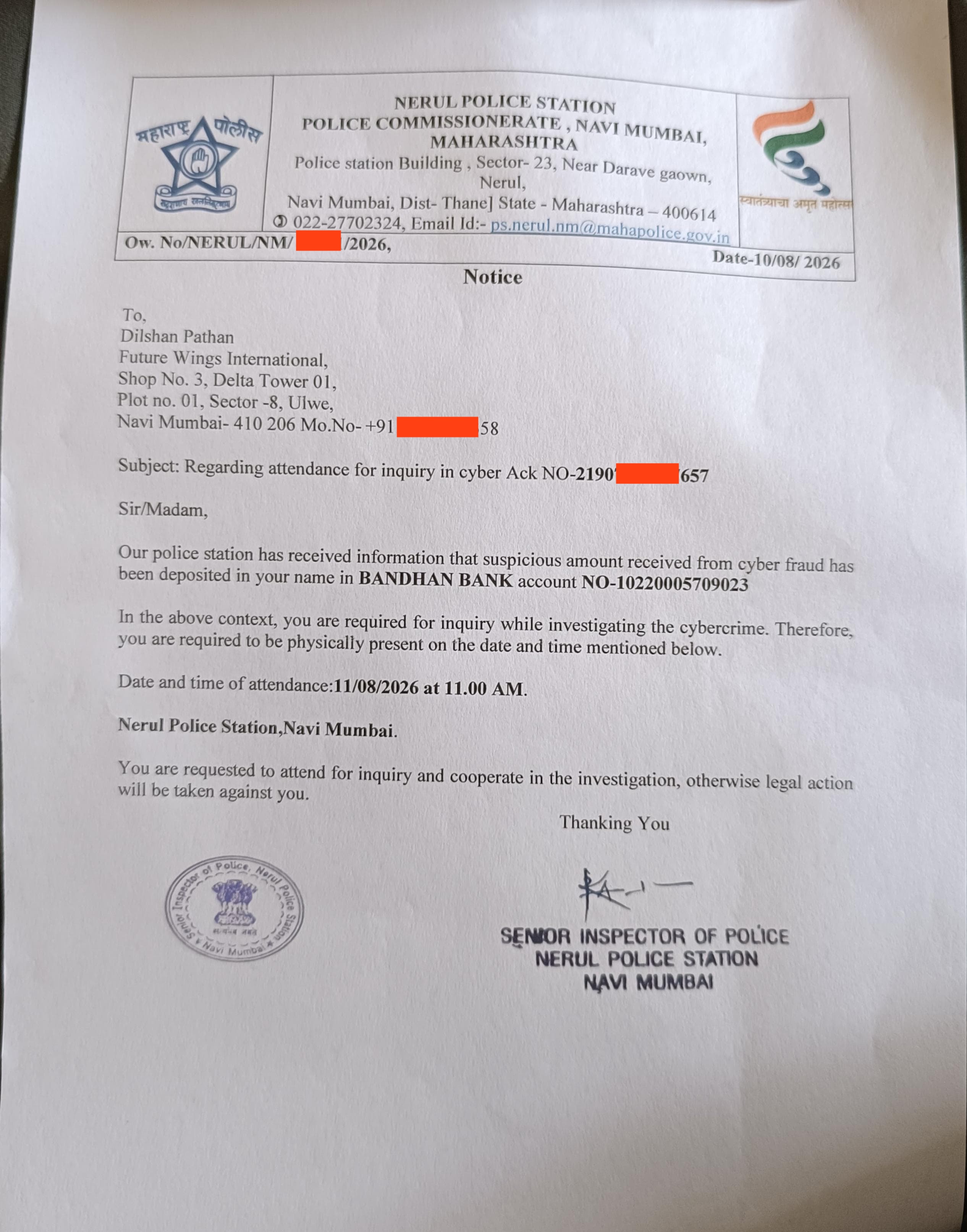 Nerul Police Station notice dated 10 August 2026 calling Dilshan Pathan of Future Wings International for a cyber crime inquiry