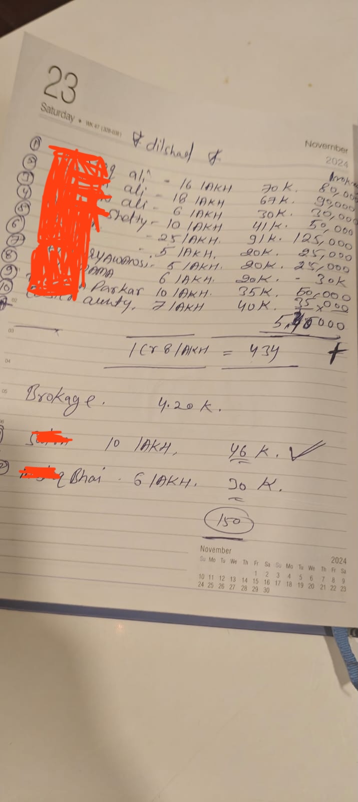 Handwritten deposit and brokerage ledger from a November 2024 planner page in the reported office