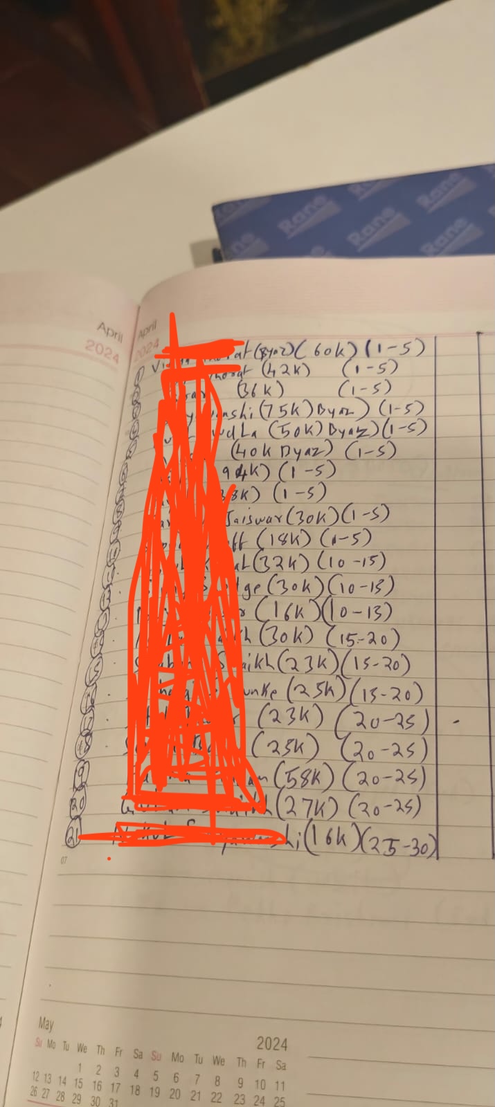 Handwritten April 2024 rent schedule from a planner notebook photographed inside the reported office