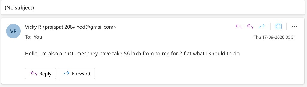 Email screenshot from Vicky P. to the Future Wings warning site with a false claim of losing 56 lakh on two flats
